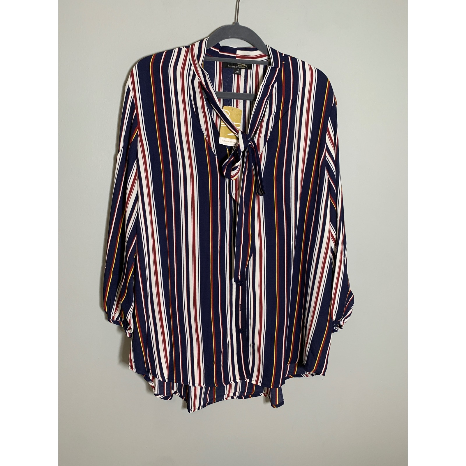 New Suzanne Betro Scarf Print Surplice Tie Front Top Women 1x Navy Blue Striped
